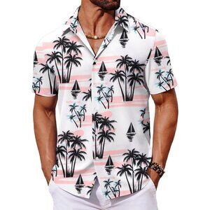 Men's Hawaiian Shirt Palm Tree Sunset Print Beach Casual Short Sleve Button Down